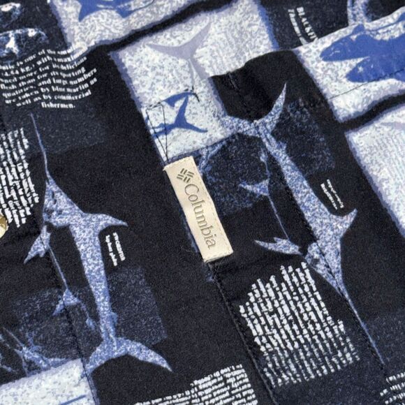 Columbia Shirt Men Large Blue Fishing Print 100% Cotton Short Sleeve Button-Down - Picture 2 of 6